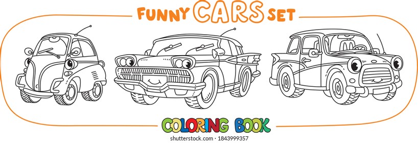 Funny small retro cars with eyes coloring book set