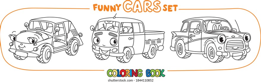 Funny small retro cars with eyes coloring book set