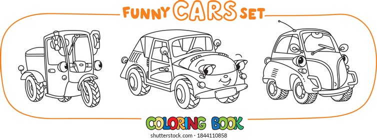 Funny small retro cars with eyes coloring book set