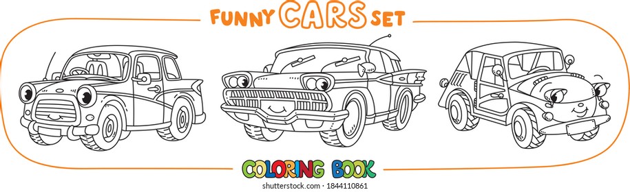 Funny small retro cars with eyes coloring book set