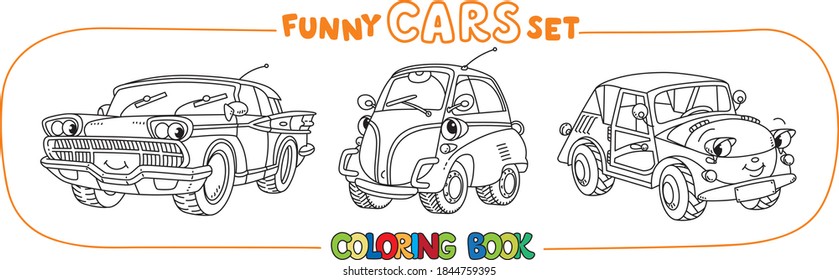 Funny small retro cars with eyes coloring book set