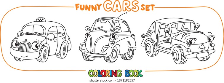 Funny small retro cars with eyes coloring book set