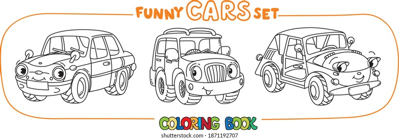 Funny small retro cars with eyes coloring book set