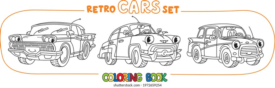 Funny small retro cars with eyes coloring book set