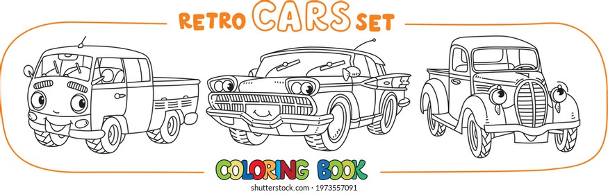 Funny small retro cars with eyes coloring book set