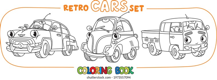 Funny small retro cars with eyes coloring book set