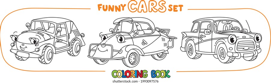Funny small retro cars with eyes coloring book set