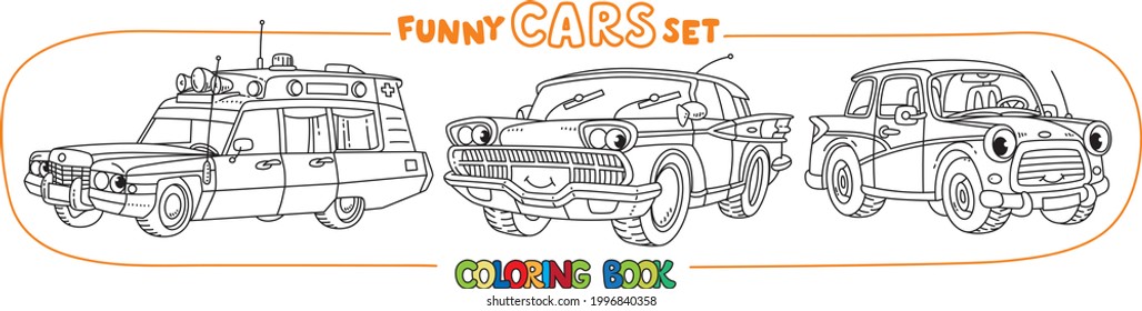 Funny small retro cars with eyes coloring book set