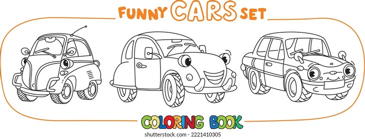 Funny small retro cars with eyes coloring book set