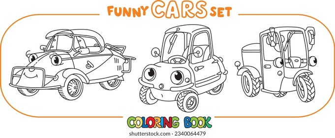 Funny small retro cars with eyes coloring book set