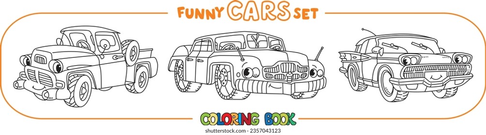 Funny small retro cars with eyes coloring book set