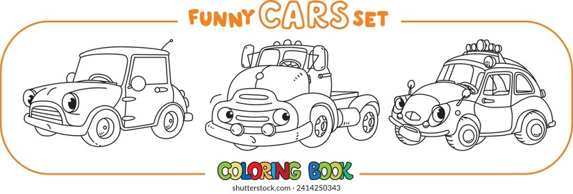 Funny small retro cars with eyes coloring book set
