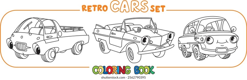 Funny small retro cars with eyes coloring book set