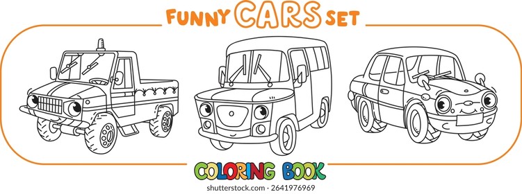 Funny small retro cars with eyes coloring book set