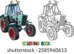 Funny small retro tractor with eyes. Coloring book