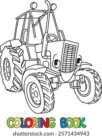 Funny small retro tractor with eyes. Coloring book