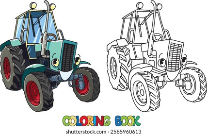 Funny small retro tractor with eyes. Coloring book