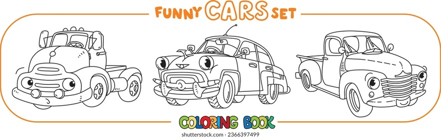 Funny small retro trucks. Cars coloring book