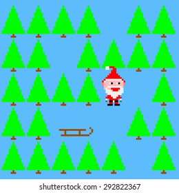 Funny small Santa Claus in retro forest vector illustration