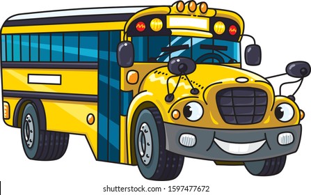 Funny small school bus with eyes and mouth