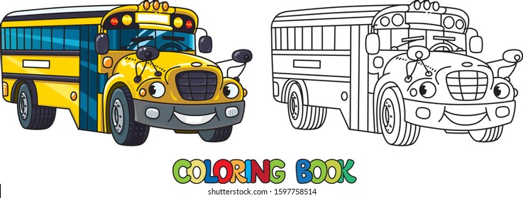 Funny small school bus with eyes. Coloring book