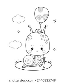 Funny small snail character with balloon. Comic outline cartoon insect. Line drawing, coloring book. Kids collection. Vector illustration