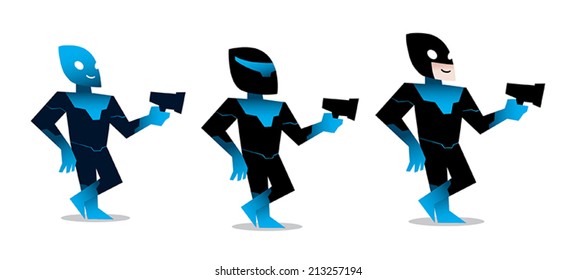 funny and small space superhero with gun  vector isolated