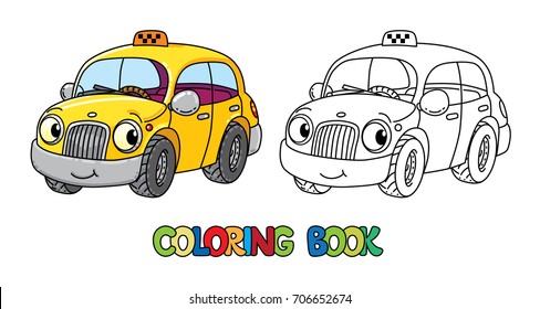 Funny small taxi car with eyes. Coloring book