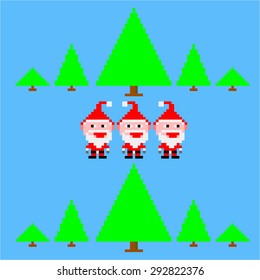 Funny small three Santa Claus in retro forest vector illustration