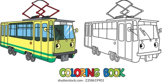 Funny small tram with eyes. Coloring book