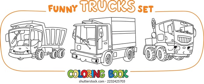Funny small trucks with eyes. Coloring book set