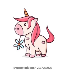 Funny small unicorn. Cute little pony. Cartoon illustration.