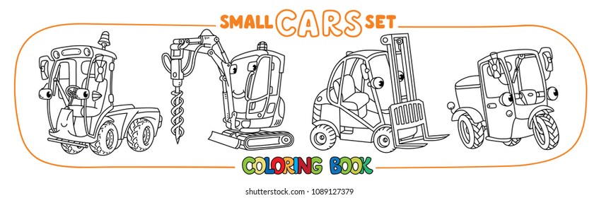 Funny small vehicles with eyes. Coloring book set