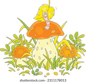 Funny small worm looking out of its hole in a large cap of a mushroom among thick green grass on a forest glade, vector cartoon illustration isolated on a white background