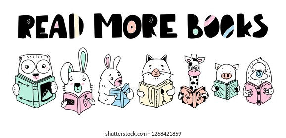 Funny and smart animals is reading books. Vector illustration.