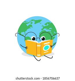 Funny smart cartoon globe in glasses reading a book. Vector flat illustration isolated on white background 