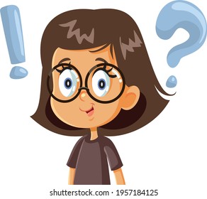 Funny Smart Girl Having Questions Vector Cartoon. Young intelligent student thinking about the solution not the problem
