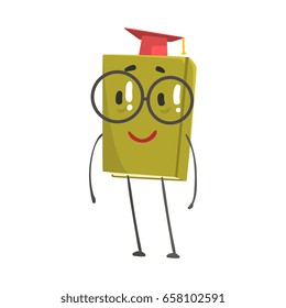 Funny smart green humanized book in a red graduation cap cartoon character vector Illustration