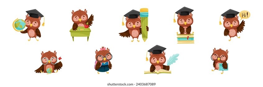 Funny Smart Owl Character Engaged in Study and Education Vector Set