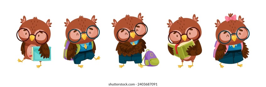 Funny Smart Owl Character Engaged in Study and Education Vector Set