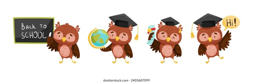 Funny Smart Owl Character Engaged in Study and Education Vector Set