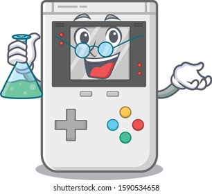 Funny and Smart Professor handheld game Scroll mascot holding glass tube