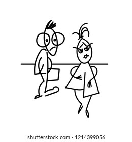 Funny smart student looking at a beautiful girl. Nerd and snappy dresser. Cartoon people. Made in the style of line art.