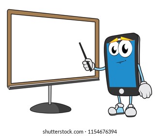 the funny smartphone mobile phone character stick on hand teaching as a mentor presenting on a blank whiteboard write your own story