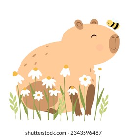 Funny smile capybara with flowers and a bee