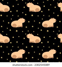 Funny smile capybara seamless pattern with yellow stars 