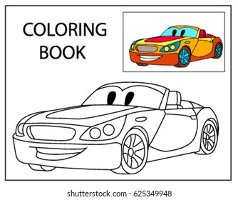 Funny Smile Cartoon Car. Coloring Book Page for Children Education. Doodle Comic Character. Vector comic character isolated on white background.