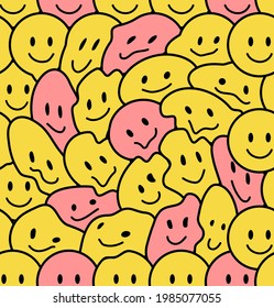 Funny Smile Crazy Cute Face Seamless Pattern Art.Vector Illustration Psychedelic Retrro Graphic.Positive Good Vibes Smile Smiley Faces,acid, High,trip,techno,60s,70s Wallpaper Seamless Pattern Concept