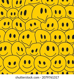 Funny smile crazy cute face seamless pattern.Vector cartoon illustration psychedelic graphic design.Positive,good vibes smile faces,acid, high,trip,techno style wallpaper seamless pattern concept