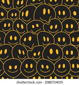 Sonrisa divertida loca cara linda sin costuras patrón.Ilustración de dibujos animados diseño gráfico psicodélico.Positivo,buena sonrisa caras, ácido, alto,viaje,papel tapiz estilo tecno concepto de patrones sin fisuras